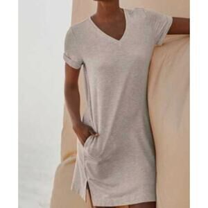 Garnet Hill Beige Everyday T-Shirt Dress Tencel V-Neck Pockets Size XS X-Small